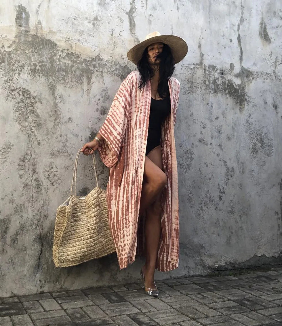 Women's Boho Stripe Tie Dye Swimsuit Cover Up with Belt Tunic Sarong Cardigan Dress Bikini Cover-ups Beach Wear Kimono