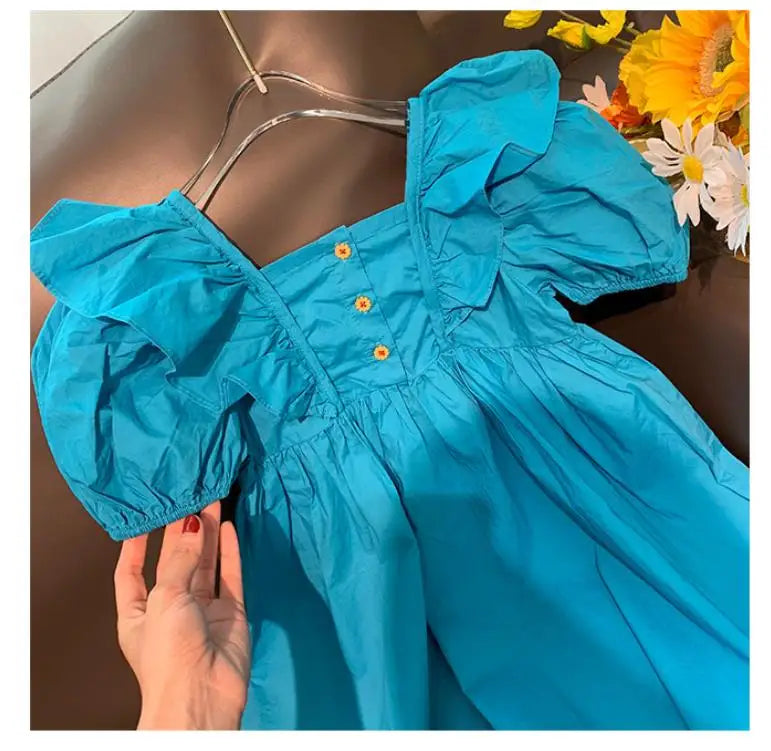 2025 New Children's Dress Girls' Summer Korean Edition Fashion Bubble Sleeves Checkered Strap backless Dress 1-6Y