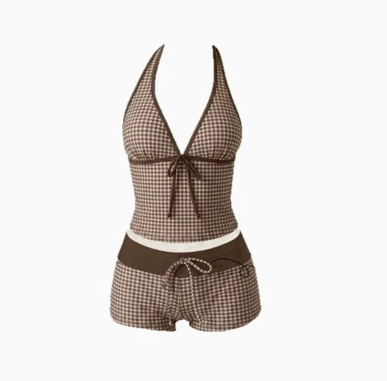 Women Swimwears Polka Dot 2-Piece Tankini Set Halter V Neck Front Tie Cami Top & Contrast Waistband Drawstring Swim Shorts