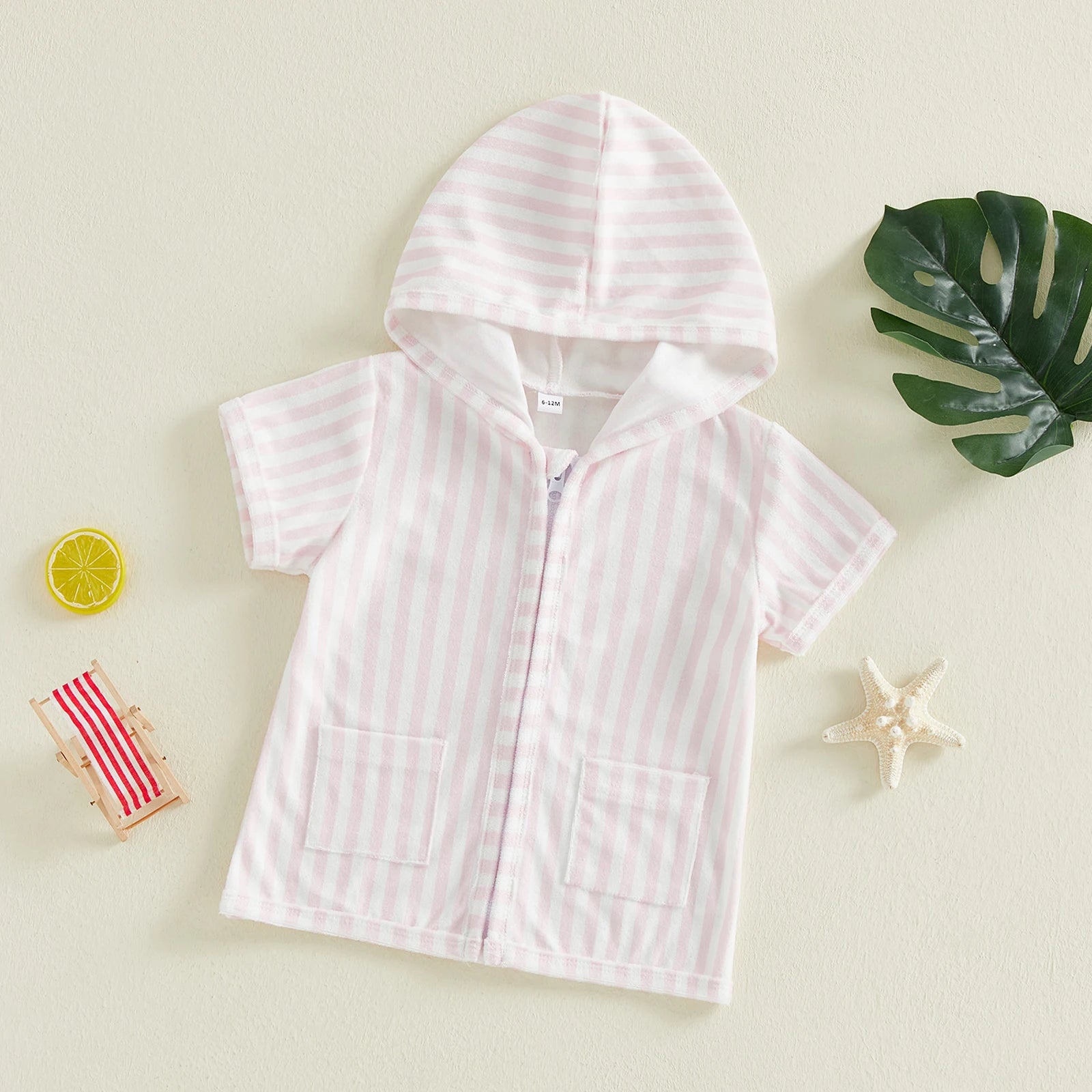 0-5Y Girls Swimwear Cover-ups Short Sleeve Zip Up Hooded Striped Bathing Suit Cover Up for Kids Pool Beach Robe 2026 New