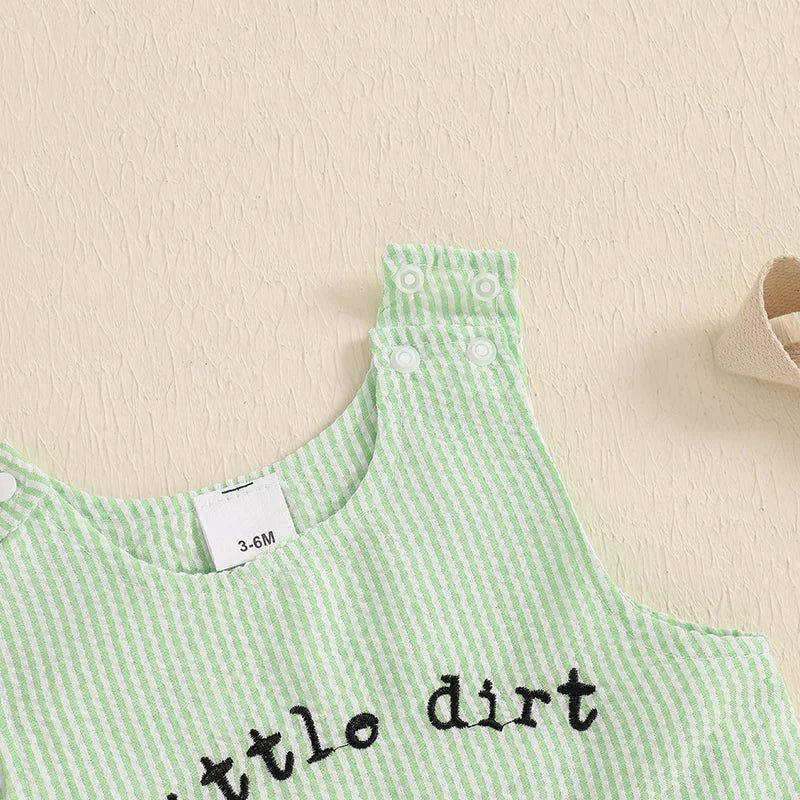 Adorable Infant Boys Sleeveless Romper with Fun Trucker Embroidery and Striped Design - Perfect Summer Outfit for Little Ones