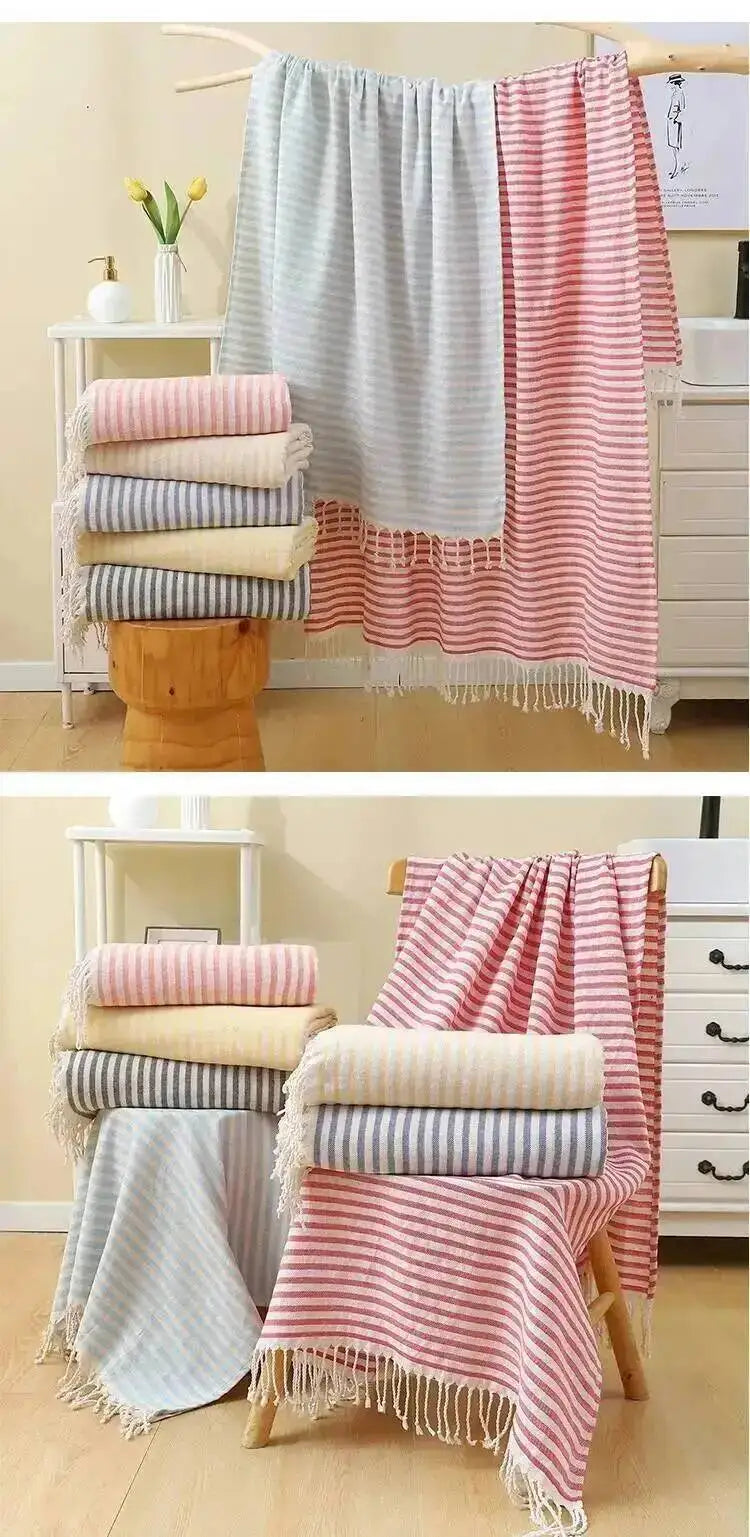 100x180CM Cotton Turkish Beach Towel Sauna Spa Gym Sports Fitness Fringed Bath Towel Shawl Scarf Sang Travel Blanket