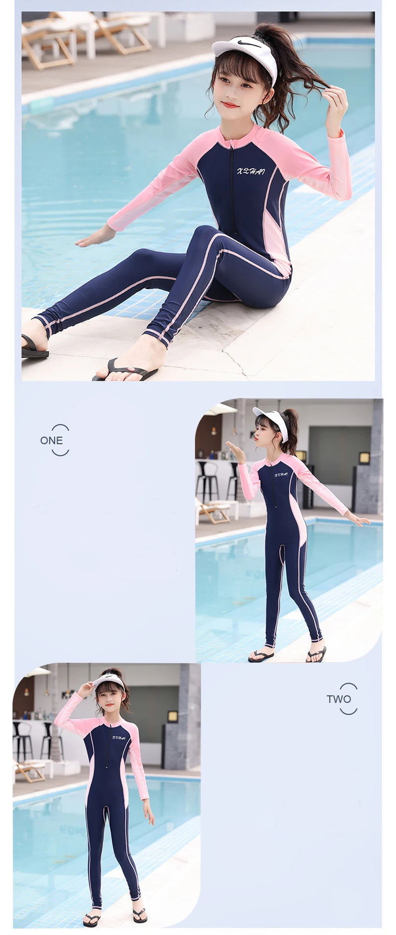 One Piece Girls Swimwear Full Cover Long Sleeve Swimsuit Kids Sun Protection Swimming Suit Teenage Korean Style Bathing Suit