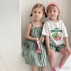 Children Clothes 2025 Summer New Cotton Stripe Baby Girl Suspender Dress Or Boy's Suit Brother And Sister Clothes