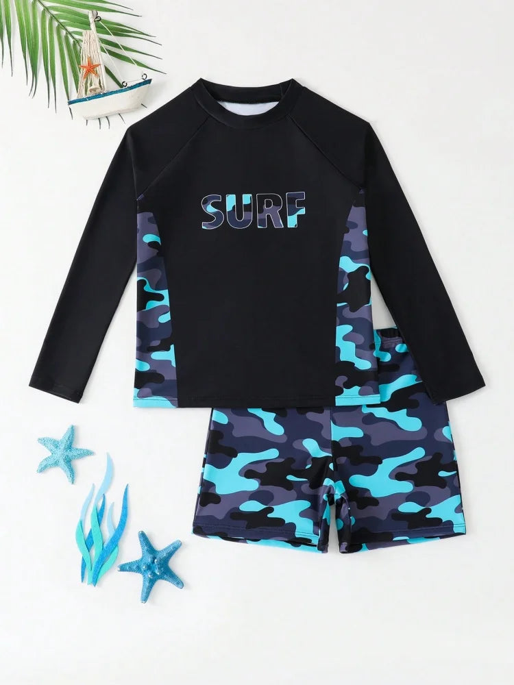 Boy Swimsuit 2026 New Geometry Print Long Sleeve Children Swimwear Summer Two Piece Kids Beach Wear Swimming Bathing Suit Men's