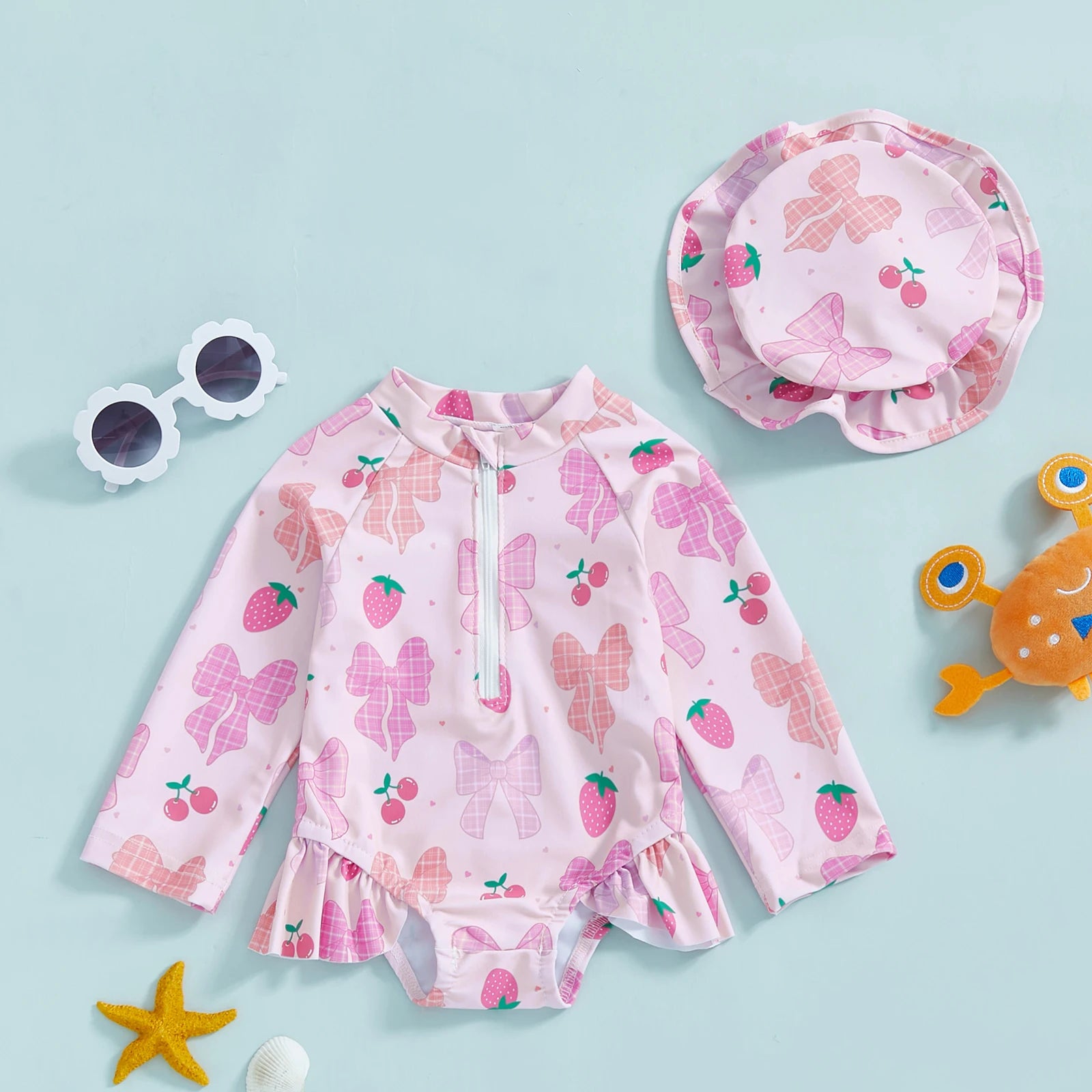 Summer Baby Girls Beacwear Princess Toddler Infant Rash Guard Swimsuits with Hat Floral Print Zip Up Children Girls Swimwears