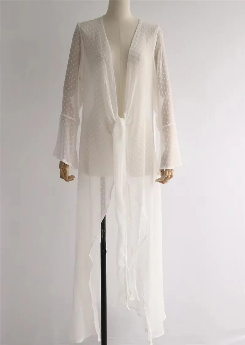 2025 Summer Dot print White Beach Cover up dress Tunic Long Pareos Bikinis Cover ups Swim Cardigan Cover up Robe Plage Beachwear