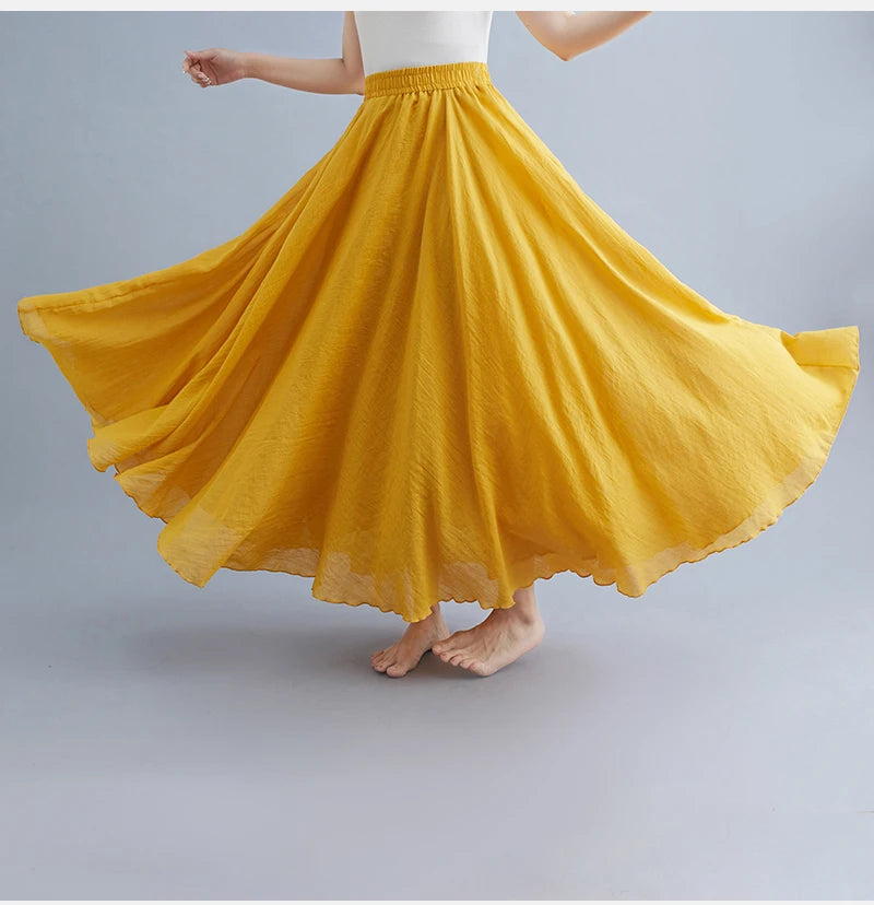 Boho Cotton Linen Beach Long Skirt Women Vintage Casual Solid A-line High Waist Dance Floor-Length Maxi Skirt Spring Summer New