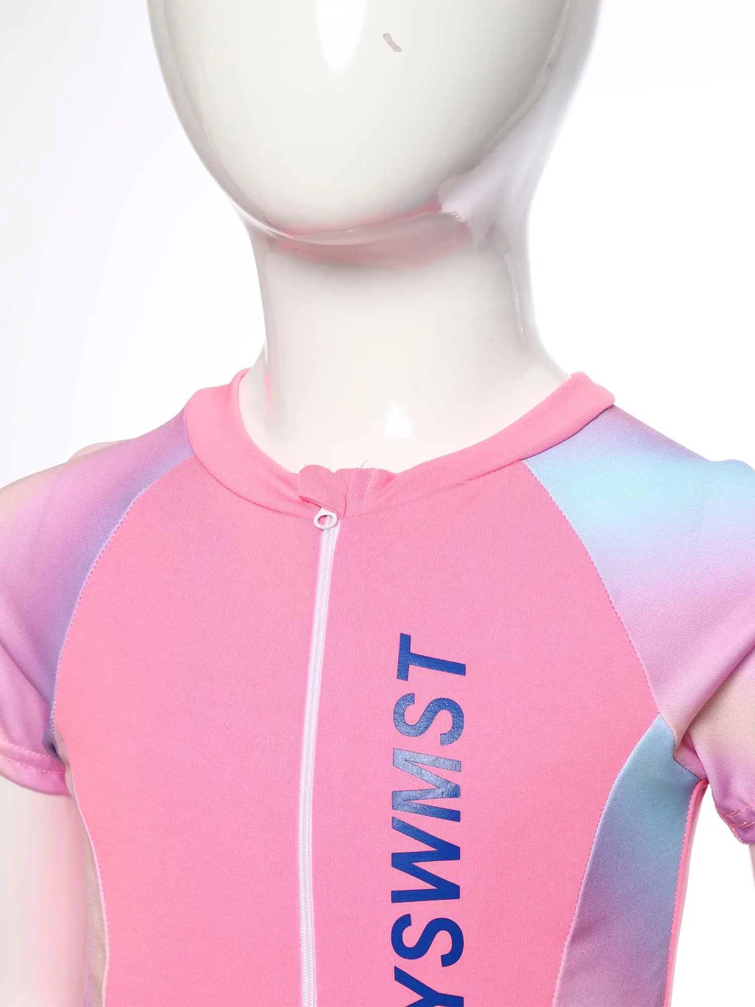 Fashion Girls One Piece Swim Dress Short Sleeve Color Block Swimsuit with Chest Pads Front Zipper And Safety Shorts Beachwear