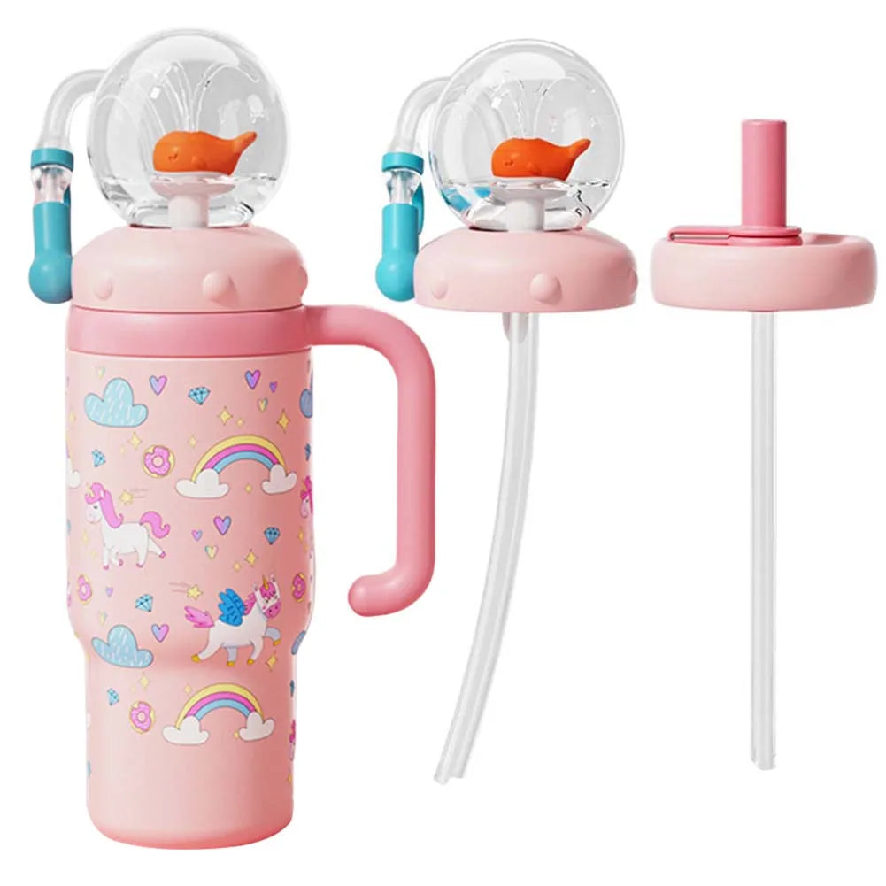 710ML Stainless Steel Whale Fountain Tumbler with Handle Leak Proof Whale Squirt Drinking Cup Water Bottle with Straw Creative G