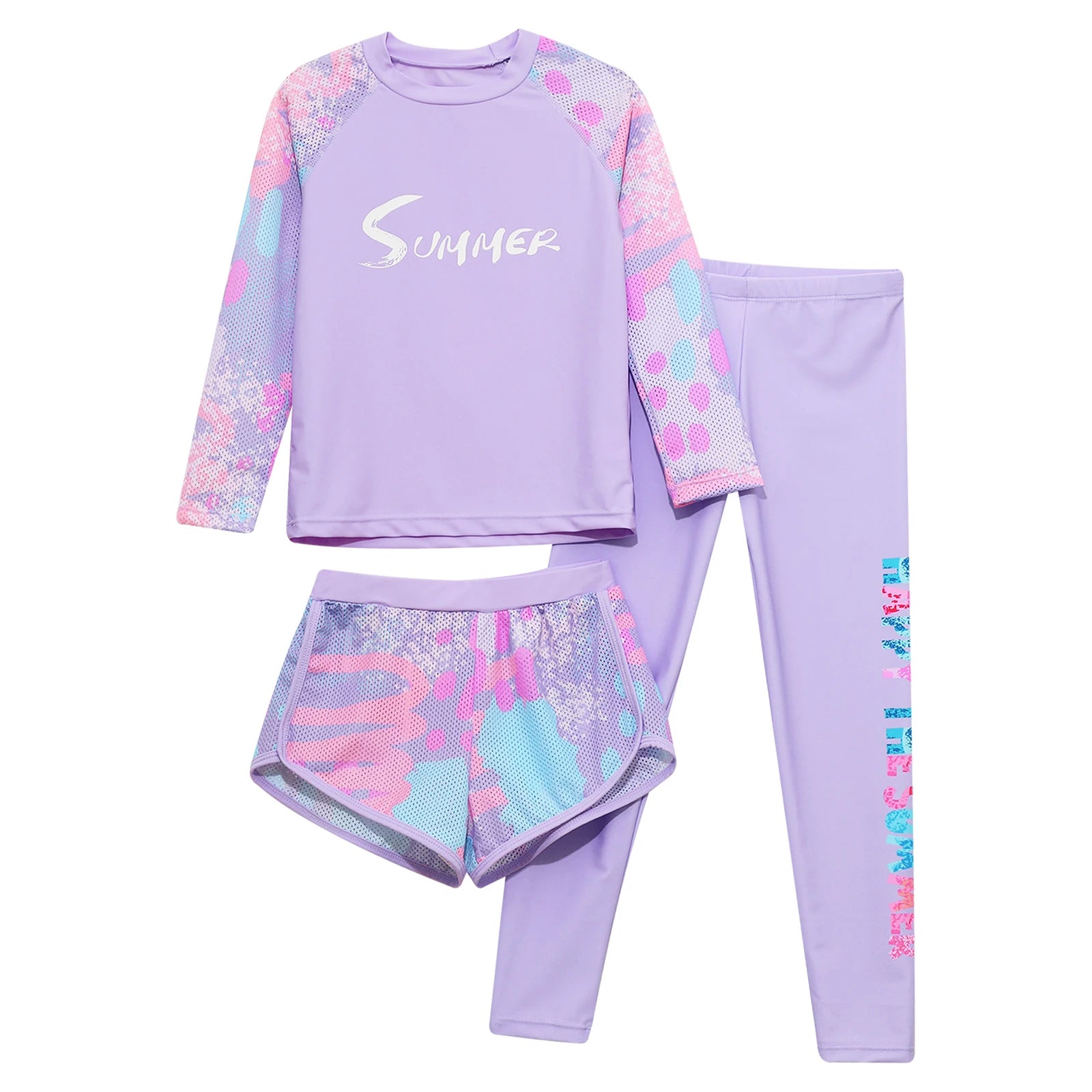 Kids Girls Swimsuit Rash Guard 3Pcs Sunsuit Outfit Long Sleeve Floral Tops Shorts Legging Child Sun Protection Pool Swimwear Set