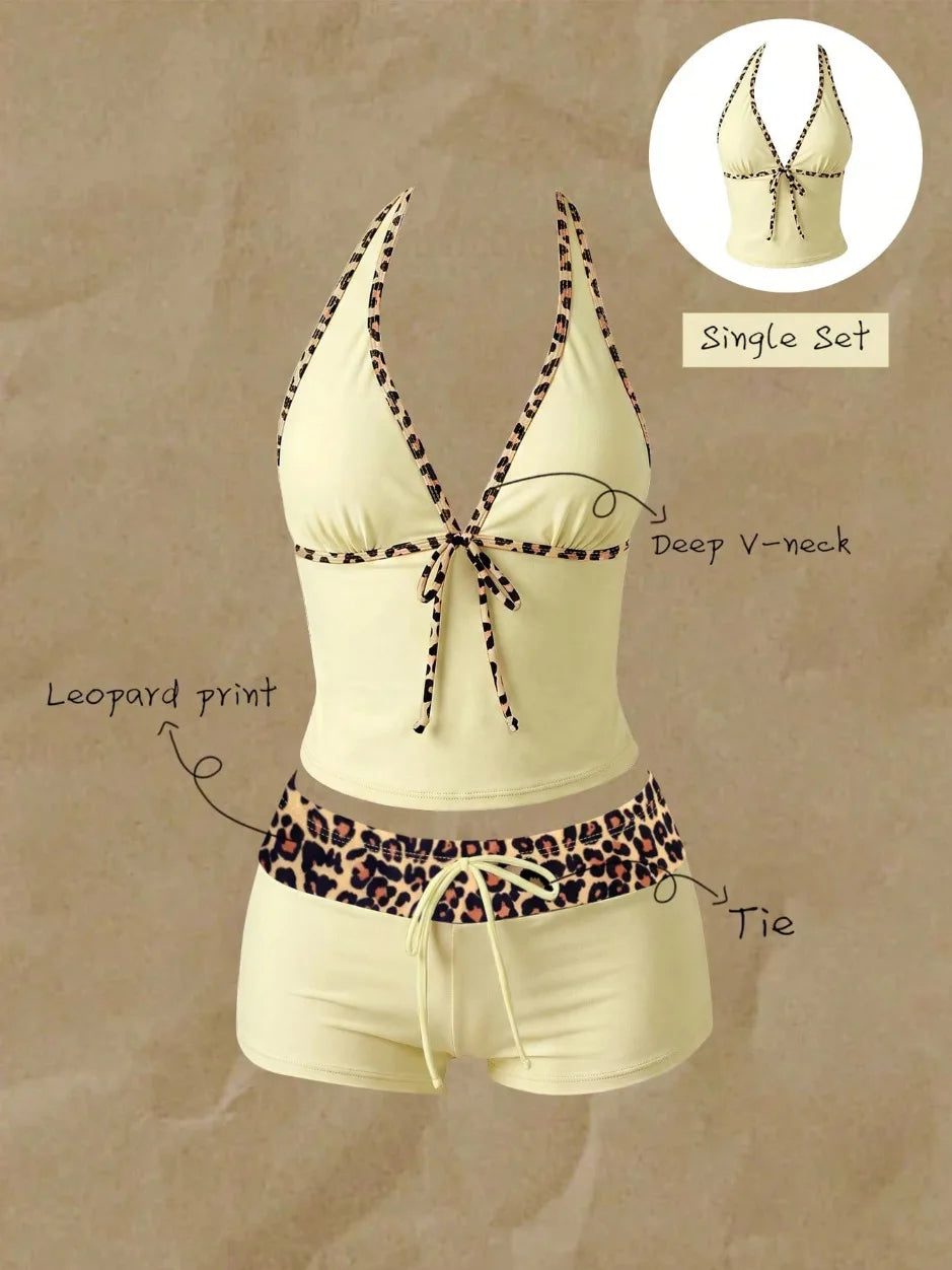 Women Swimwears Polka Dot 2-Piece Tankini Set Halter V Neck Front Tie Cami Top & Contrast Waistband Drawstring Swim Shorts