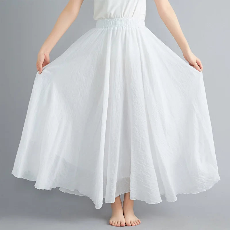 new 2020 Women Linen Cotton Long Skirts Elastic Waist Pleated Maxi Skirts Beach Boho Vintage Summer Skirts Faldas Saia