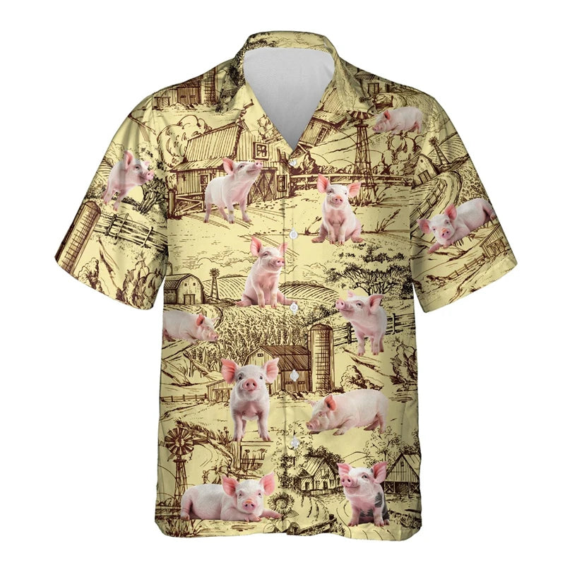Funny Animal Pig 3D Printed Beach Shirt Cute Pet Graphic Shirts For Men Clothes Casual Hawaiian Surfing Short Sleeve Boy Blouses