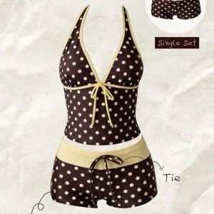 Women Swimwears Polka Dot 2-Piece Tankini Set Halter V Neck Front Tie Cami Top & Contrast Waistband Drawstring Swim Shorts