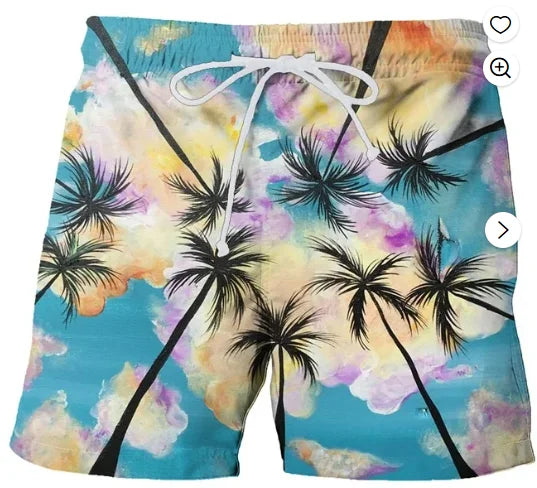 Adult and Children's Hawaiian-style Palm Tree Shorts, Dopamine Color-block 3D Print with Retro Gradient Sunset