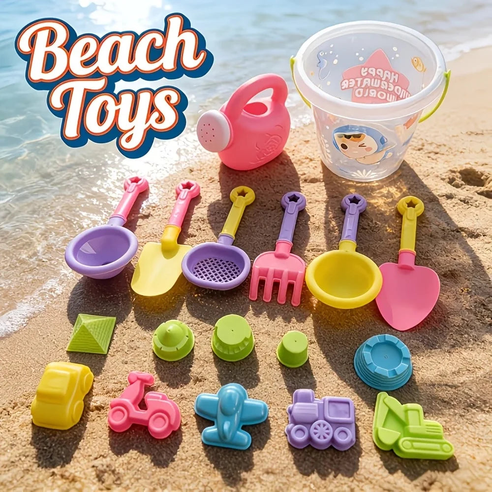 18pcs Beach Toy Set, Children Folding Bucket Summer Sand Pool Beach Game Set, Great Holiday Outdoor Play Tools For Girls Gift