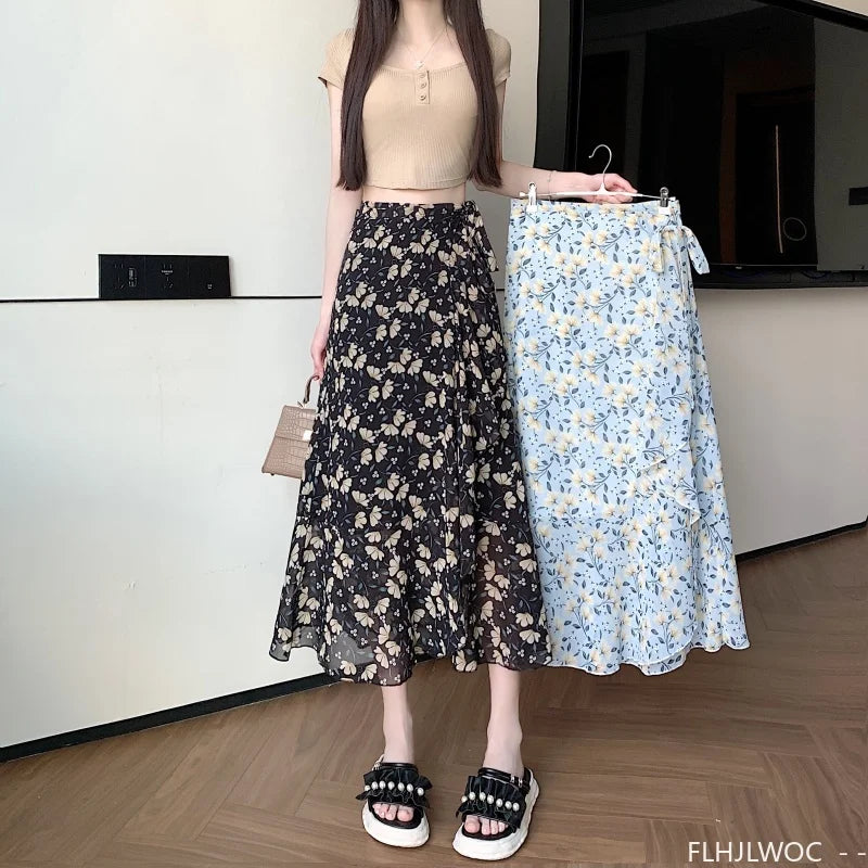 Wrap Up Chic Korea Clothes Women Cute Girls Floral Robe Holiday Beach Date High Waist Retro Vintage One-Piece Lace-Up Skirts