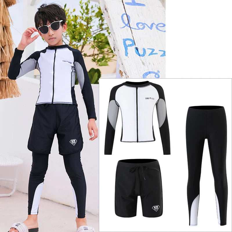Girls Youth Long Sleeve Swimsuit Four Piece Rash Guard Bathing Suit Zip Tops Long Pants Swimwear Kids Bathing Suit Athletic