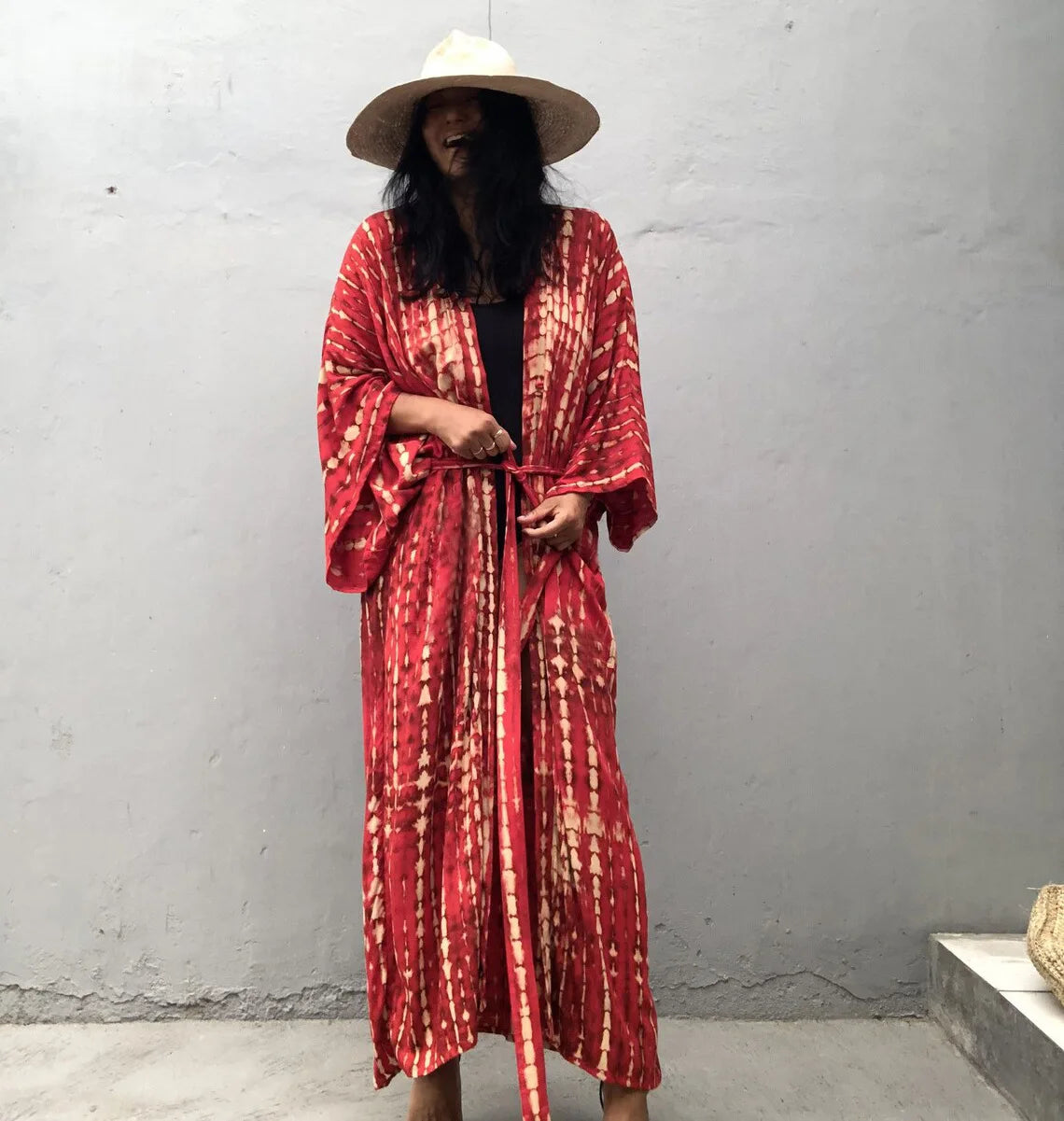 Women's Boho Stripe Tie Dye Swimsuit Cover Up with Belt Tunic Sarong Cardigan Dress Bikini Cover-ups Beach Wear Kimono