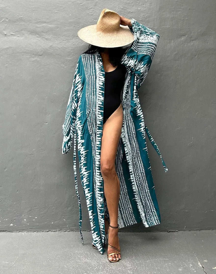 Beach Cover Ups Women Tie Dye Printed Kimono Cardigan Self Belted Wrap Dresses Summer Holiday Bathing Suits