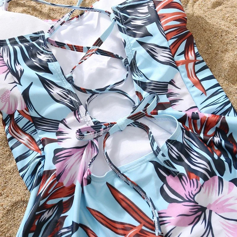 2024 New Mom Daughter Swimwear Floral Pattern Ruffle One-Piece Swimsuit Dad Son Swim Shorts Family Matching Outfits Beach Wear