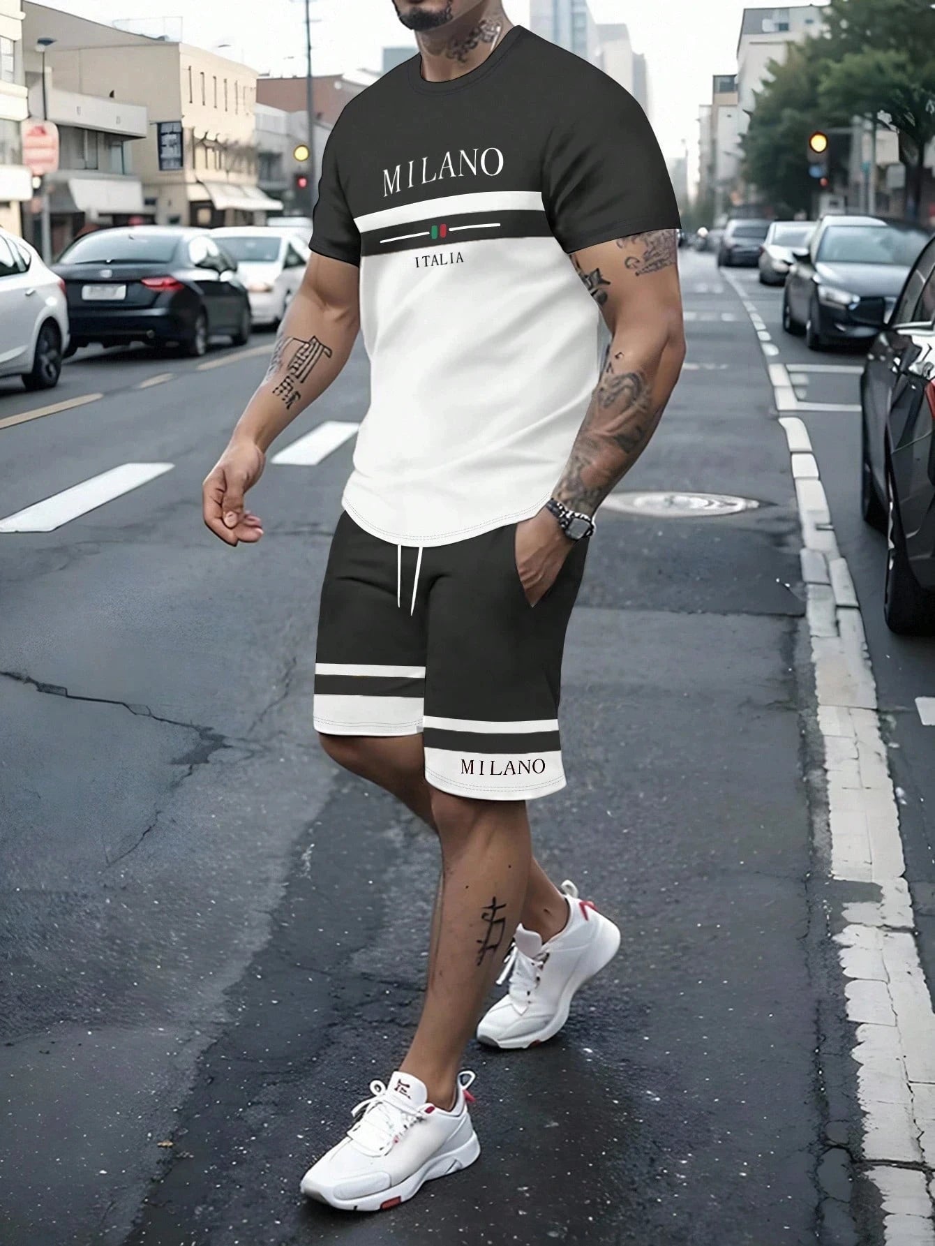Summer Men's Stripe Letter Print Short Sleeve Top Shorts 2 Pieces Set Oversized Loose Round Neck T-shirt Man Drawstring Shorts