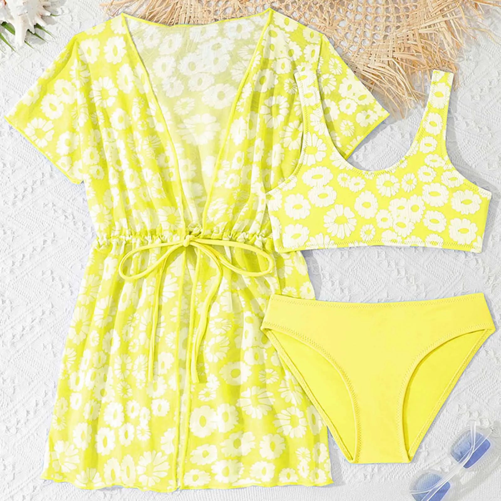 Girls 3 Pcs Swim Cover Up Sets Floral Bikini Crop Top With Brief Kimono Teens Bathing Suit Girls' Swimsuit Cover Up Wrap Scarf