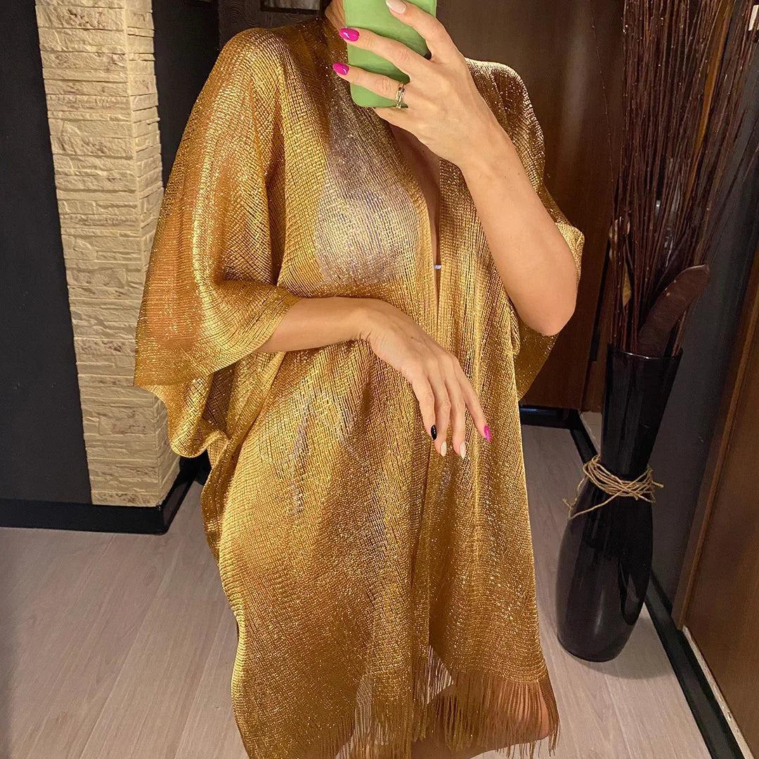 Sexy Fringe Tassel Sheer Knitted Beach Cover Up Dress Shiny Mesh Tunic for Women Swimwear Mesh Cover Lightweight Beach Dress