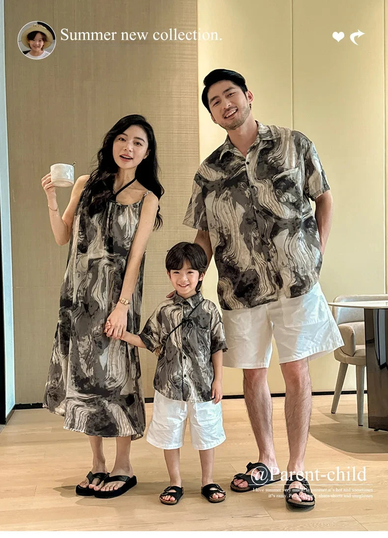 2025 Vacation Look Family Clothes Couple Beach Wear Brother Sister Dad Son Print Shirts Mom Daughter Matching Sleeveless Dress