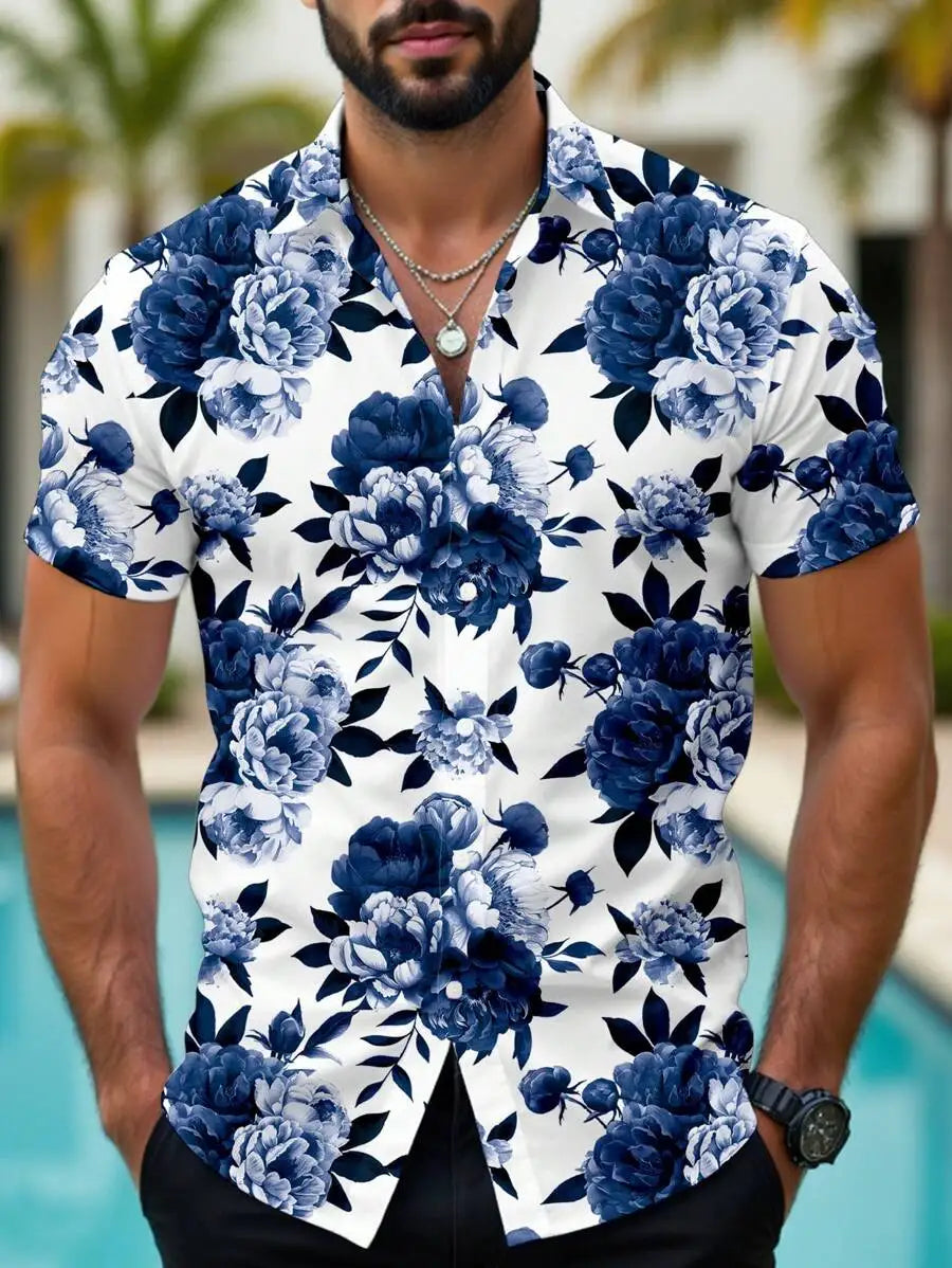 Men Casual Floral Print Short Sleeve Shirt Hawaiian Style Slim Fit For Summer Outdoor