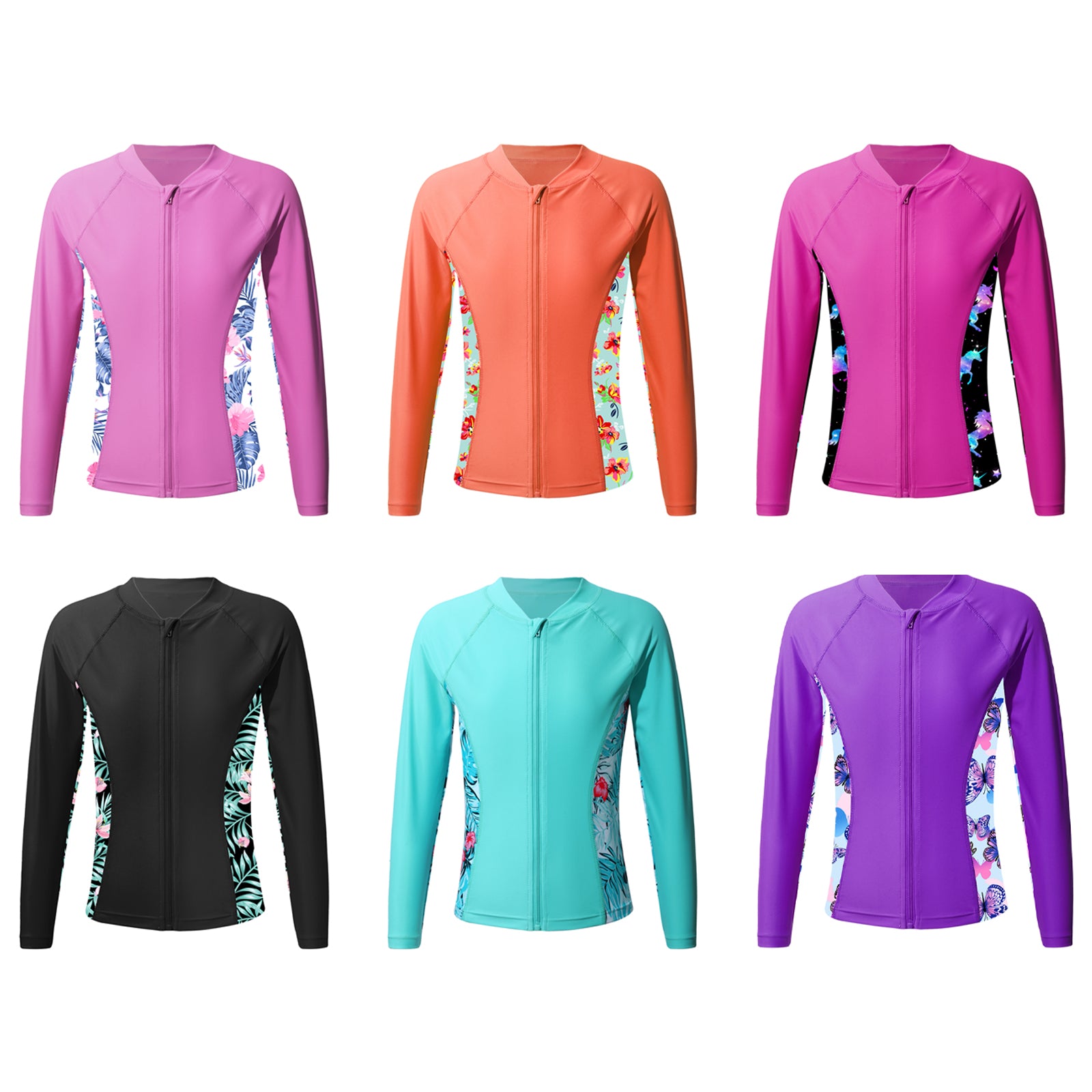 Kids Girls Print Rash Guard T-Shirt Swim Top Long Sleeve Zipper Tops UPF 50+ Sun Protection Pool Swimming Bathing Beach Swimwear