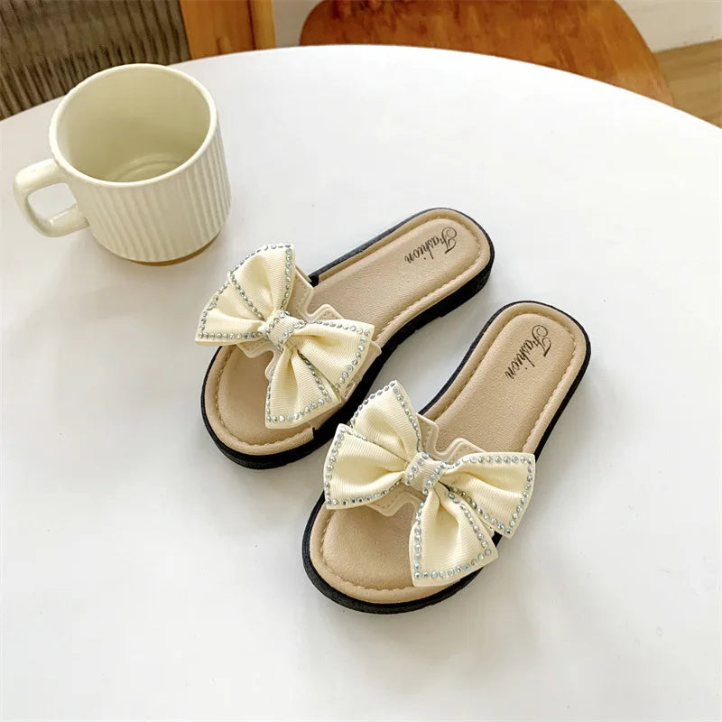 2026 New Bow Flats Open Toe Slide Sandals Non-slip Flip Flops Children Home Slippers Kids Girls Summer Cute Beach Slippers Shoe