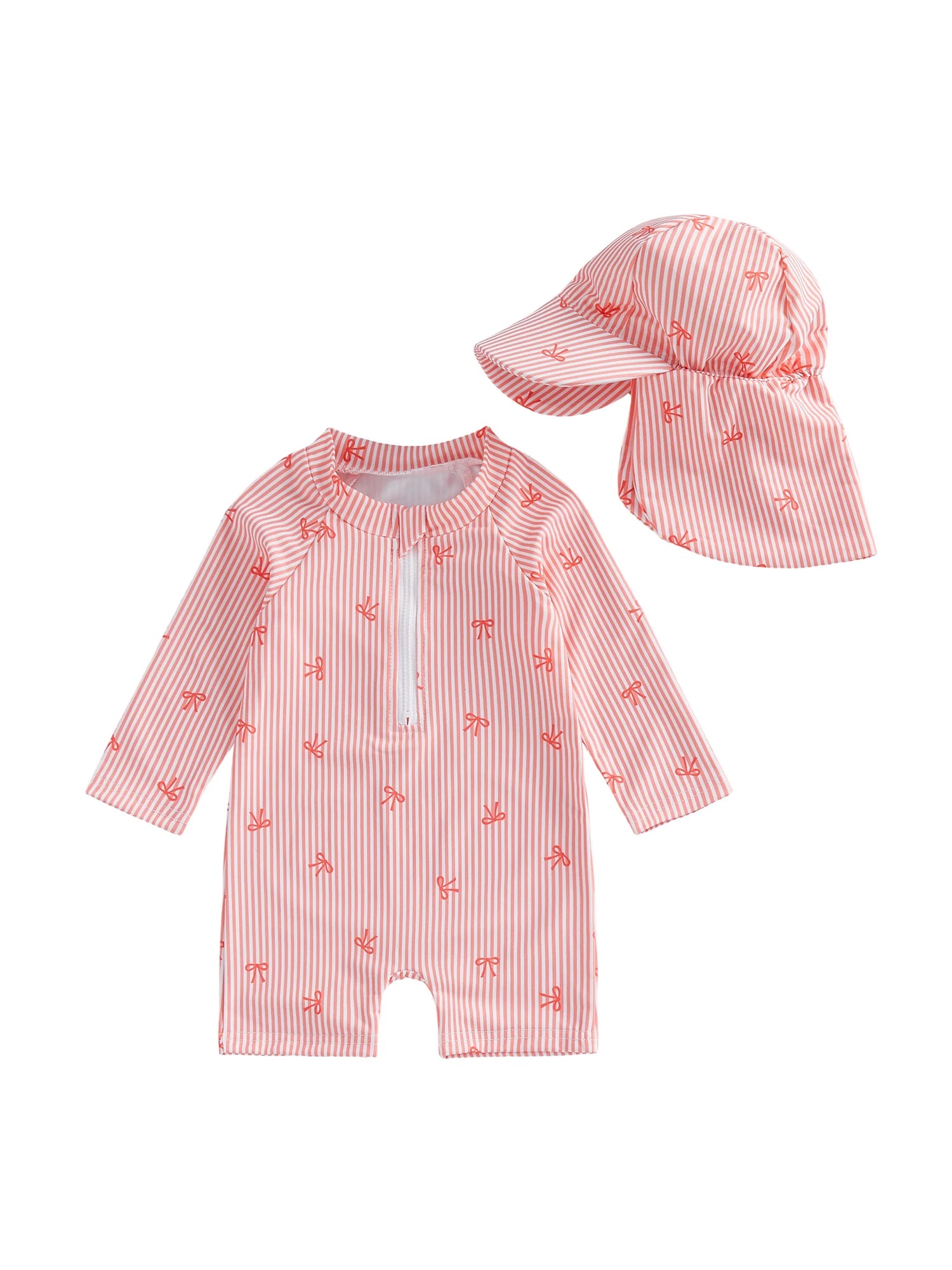0-24M Newborn Baby Girl Rash Guard Swimsuit Cute Fashionable Striped Bow Printed Long Sleeve Swimwear with Hat