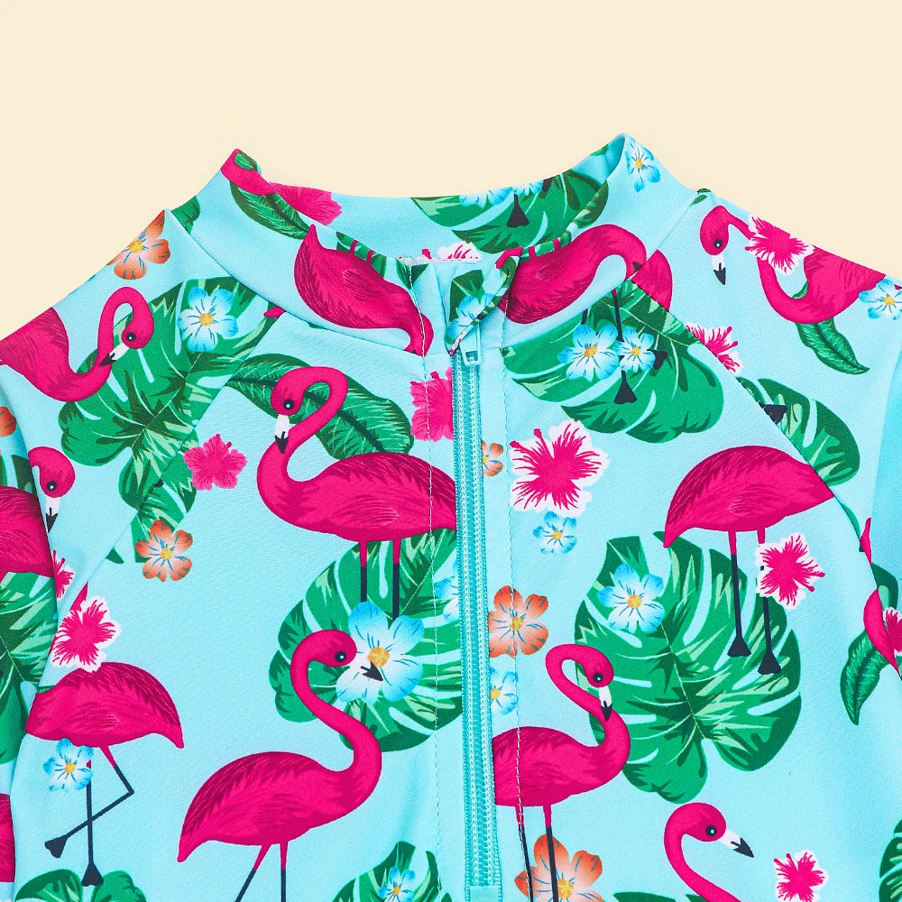 Girls One Piece Swimsuits Long Sleeve Rash Guard Beachwear Flamingo Swimwear Kids Hawaiian Bathing Suit Ruffle Swim Shirts