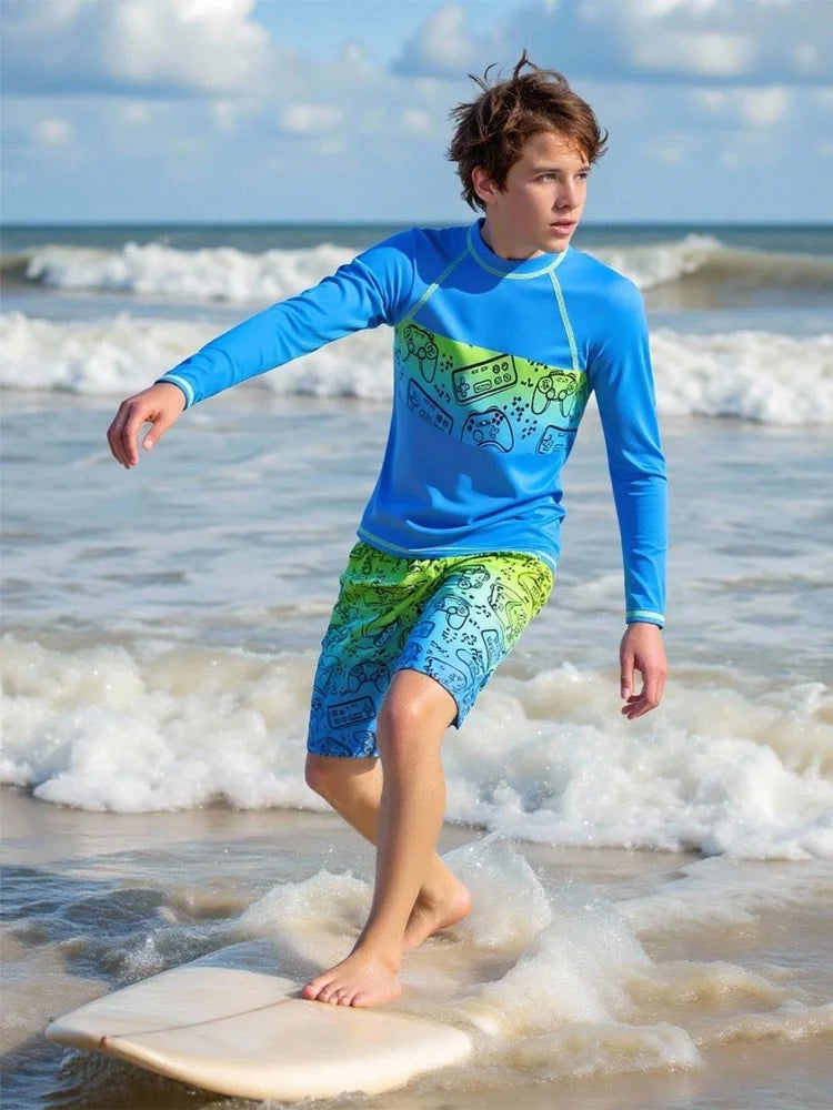 Boy Kids Swimsuit 2026 New Solid Print Long Sleeves Children Swimwear Summer Two Piece Beach Shorts Beach Bathing Suit Swimming
