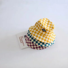 Stylish Kids Bucket Hat Checkerboard Plaid Pattern Sun Hat Breathable Wide Brim Cap For Boys And Girls