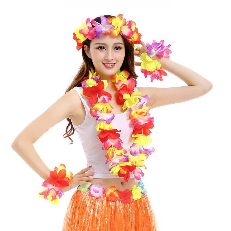 4Pcs/set Hawaiian Artificial Flowers Leis Necklace Garland Headband Wedding Birthday Beach Tropical Party Decoration