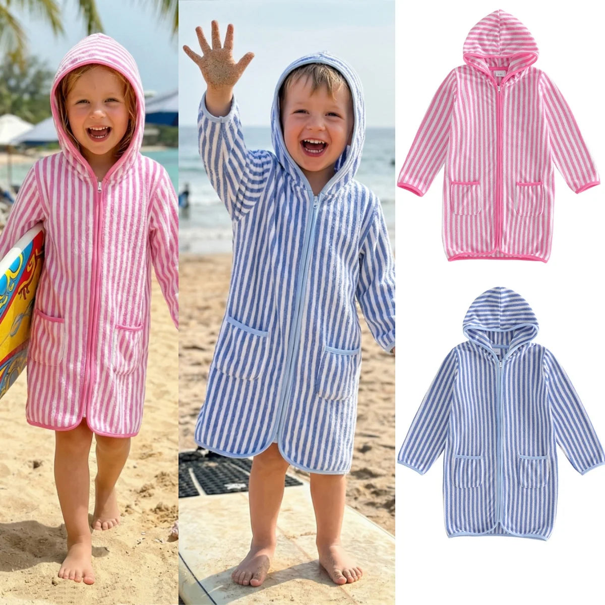 1-6Y Kids Bath Robes Towel Long Sleeve Front Zipper Striped Surf Poncho Swimming Outerwear for Boys Girls Beach Cover-ups