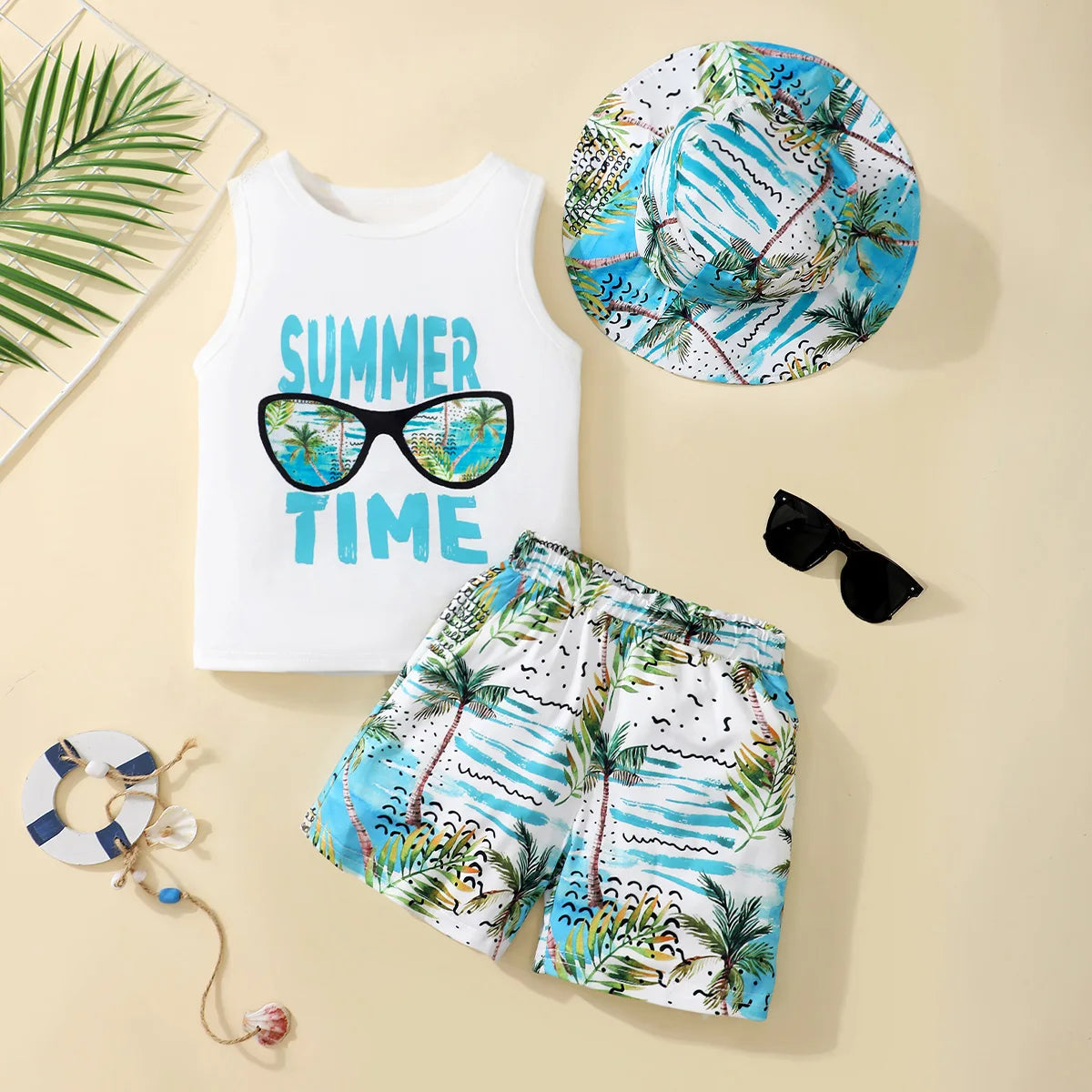 Summer  4-7  Years  Old  Cool Boys  Sleeveless  Top  And  Hawaiian  Printed Shorts  Casual  3-Piece  Set  With  Hat