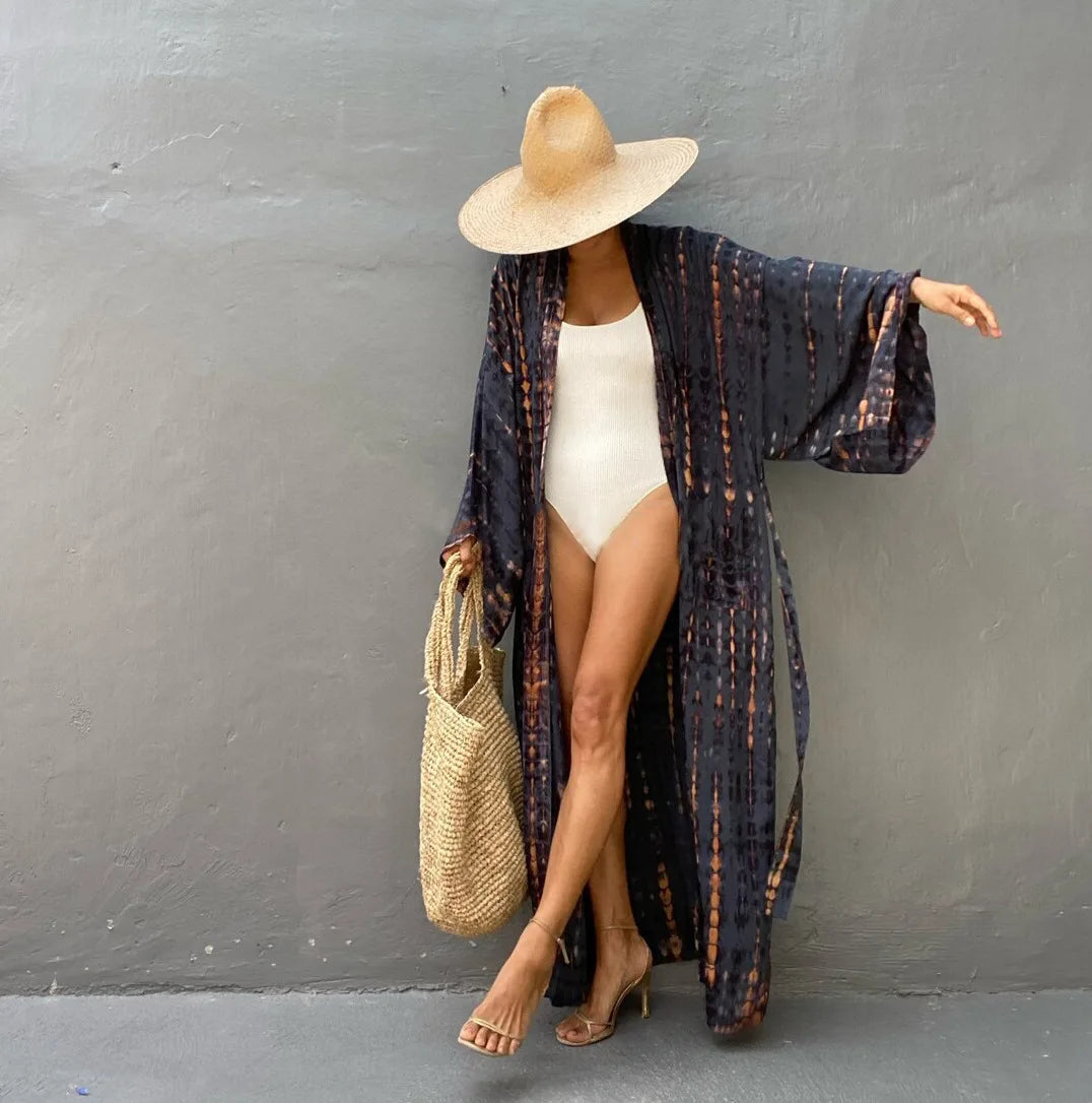 Women's Boho Stripe Tie Dye Swimsuit Cover Up with Belt Tunic Sarong Cardigan Dress Bikini Cover-ups Beach Wear Kimono
