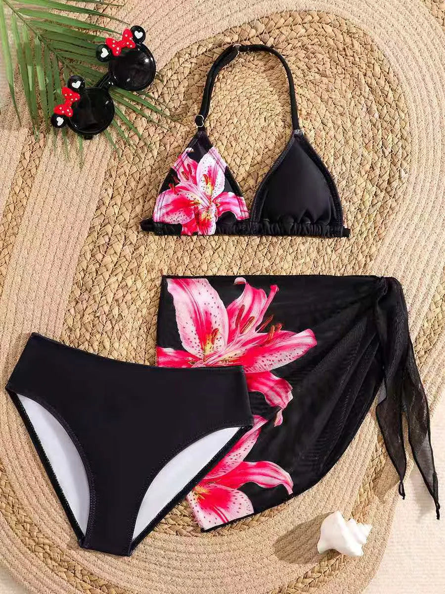 2026 Halter Girls Swimsuit 3 Pieces Bikinis Printed Kids Swimwear Female Children's Bathers Bathing Swimming Swim Suit 8Y-12Y