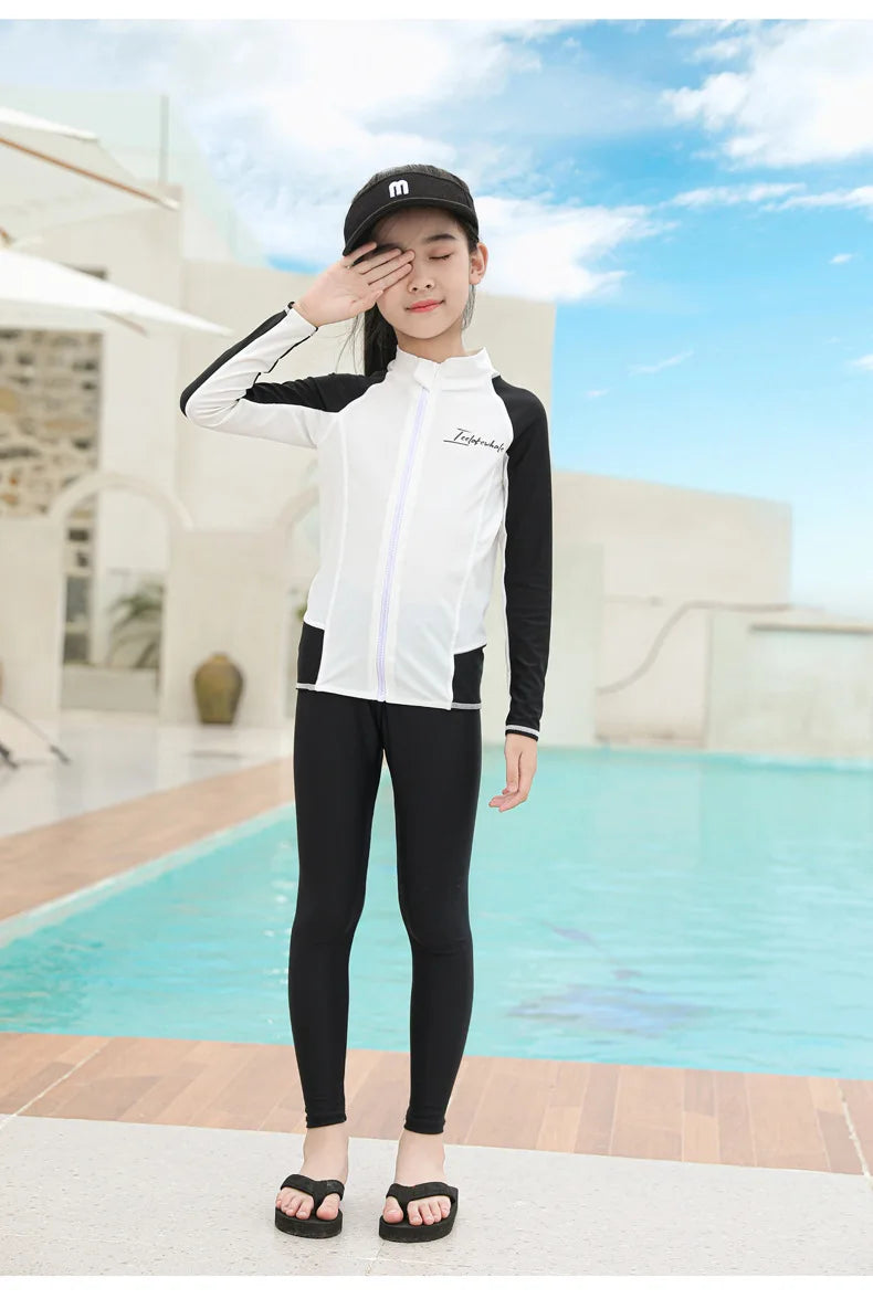 Three Piece Long Sleeve Cover Up Swimwear Korean Beach Wear Kids Girls Boys Swimsuit White Black Rash Guard Bathing Suits Pants