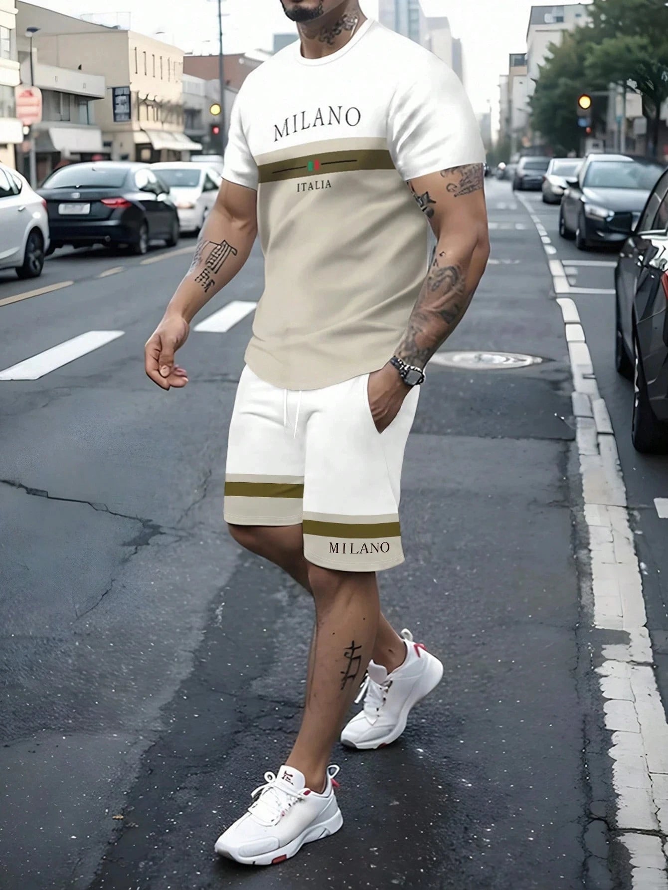 Summer Men's Stripe Letter Print Short Sleeve Top Shorts 2 Pieces Set Oversized Loose Round Neck T-shirt Man Drawstring Shorts