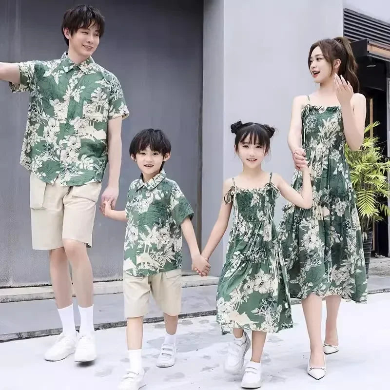 Holiday Family Matching Beach Clothes Couple Vacation Look Mom  Dress Resort Dad Son Print Shirts Outfits Daughter Smock Green