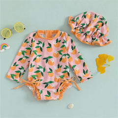 Infant Toddler Newborn Baby Girl Swimsuits Flower Fruit Print Ruffles Rash Guard Swimwear and Swim Cap for Toddler Bathing Suits