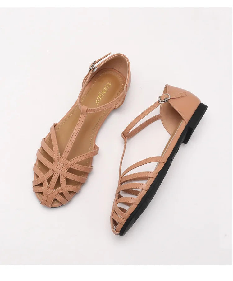 ZAROY Women's Sandals Summer Casual Footwear T-tied Cross Strap Flat Sandals Weave Hollow Roman Sandalia Zapatos сандали
