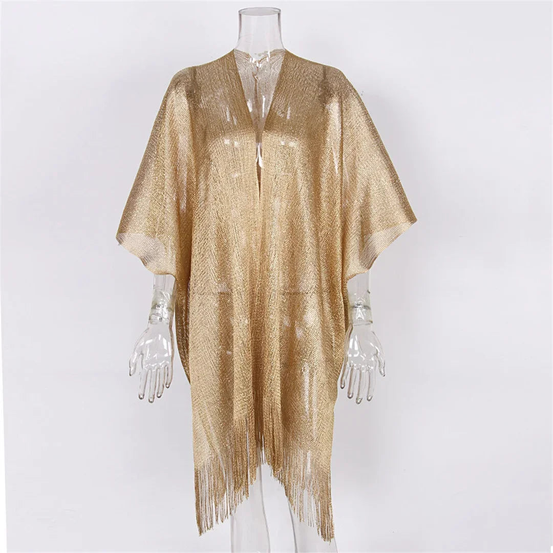Sexy Fringe Tassel Sheer Knitted Beach Cover Up Dress Shiny Mesh Tunic for Women Swimwear Mesh Cover Lightweight Beach Dress