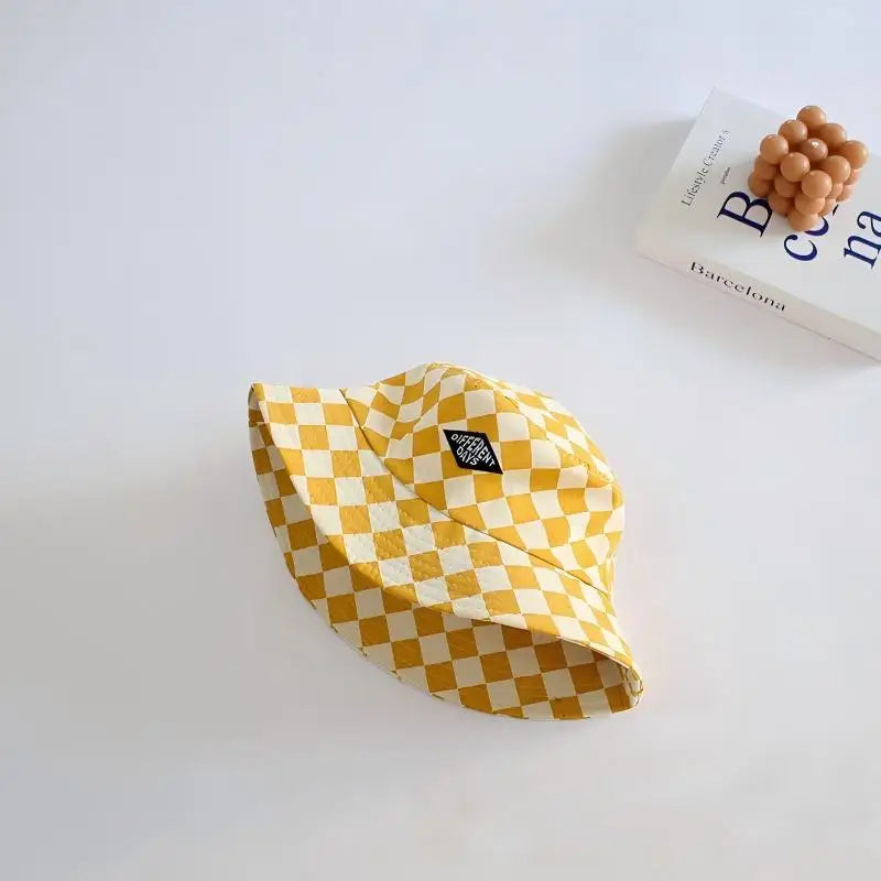 Stylish Kids Bucket Hat Checkerboard Plaid Pattern Sun Hat Breathable Wide Brim Cap For Boys And Girls