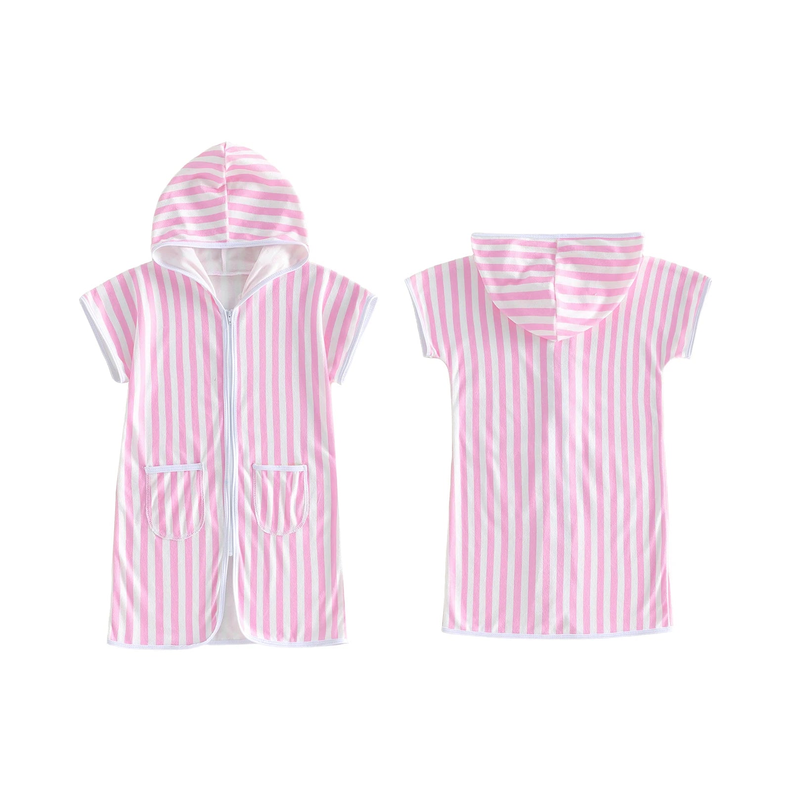 1-6Y Kids Swimwear Cover-ups Striped Zip Up Short Sleeve Hooded Robe Shawl for Beach Pool for Boys Girls Swimsuits